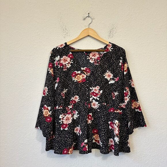 NWOT TORRID Floral Print LS Chablis Corset Top Peplum in Black/Pink - Picture 1 of 12